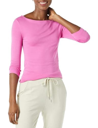 Image of Amazon Essentials Women's Slim-Fit 3/4 Sleeve Solid Boat Neck T-Shirt, Bright Pink, L