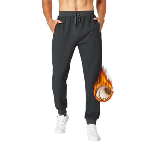 Image of ZOXOZ Mens Fleece Sherpa Lined Joggers Winter Warm Thermal Trousers Tracksuit Bottoms Men Cotton Elasticated Slim Fit Sweatpants Jogging Bottoms Plush Trousers with Zipped Pockets Dark Grey 3XL
