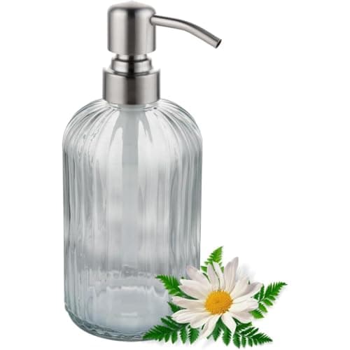 Image of GULICA Brushed Nickel Pump Dispenser - 15oz Heavy Glass Soap Dispenser for Kitchen and Bathroom - Elegant Clear Body with Non-Slip Surface