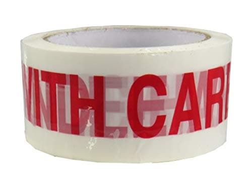 Image of 2 LARGE ROLLS OF HANDLE WITH CARE PRINTED WHITE PACKAGING PARCEL TAPE - 2 INCHES WIDE x 66 METRES - 50mm x 66m - PACKING MAILING POSTAL POSTAGE TAPES