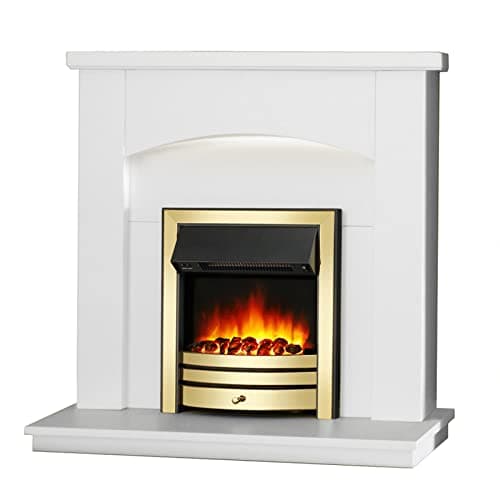 Image of Endeavour Fires New Cayton Electric 42"Fireplace Suite, fitted with Brass Trim and Fret, 220/240Vac 1&2kW with 7 day Programmable Remote Control Heater in off white MDF Surround