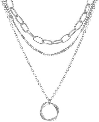 Image of Azwood Boho Layered Circle Choker Necklace Choker Vintage Paperclip Chain Necklace Geometric Circle Pendant Necklaces Silver Hollow Multilayer Statement Necklaces Jewelry for Women Girls