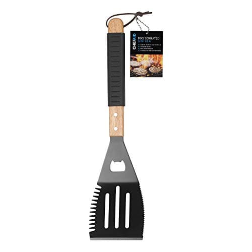 Image of Chef Aid BBQ Spatula - Serrated Edge for Slicing Meat, Rubberized Handle for Flipping Burgers and Steaks with Ease. Easy Clean, Heat Resistant and Durable for Open Flames. Includes Bottle Opener