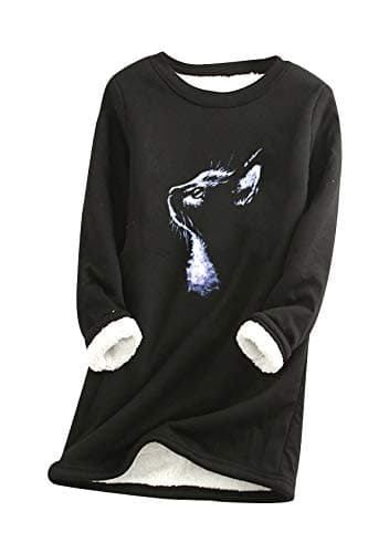 Image of EFOFEI Women Winter Warm Sweatshirt Festive Party Plus Fleece Top Printed Shirts Tops Casual Fashion Pullover Cat BLK 3XL
