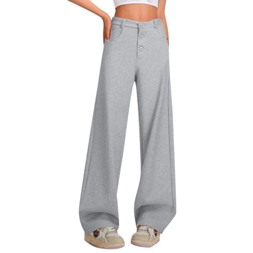 Image of Generisch Women's low waisted banana trousers with button placket, straight cut, wide leg, elegant drape, loose fit, thin fabric, ideal for high-quality casual fashion in trendy, Light grey, M
