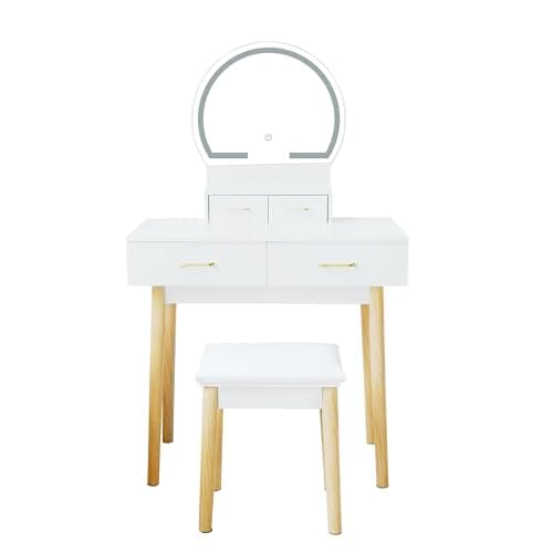 Image of Alivio Hollywood Glam Dressing Table Set with Round Mirror LED Lights - Vanity Makeup Table, 81 x 41 x 133cm, White