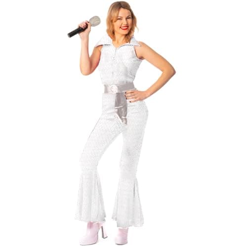 Image of SoWest 70s Disco Costume, Shiny Sequin Dance Party Jumpsuit, Adult Fancy Dress Retro Costumes with Belt for Stage Performance and Halloween Themed Events, White - M