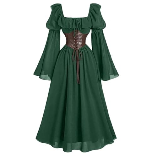 Image of Renaissance Costume Women Chiffon PU Waist Vintage Flare Sleeve Corset A-Line Dresses Victorian Medieval Fancy Dress Halloween Carnival Festival Gothic Long Dresses Cosplay Costume for Women