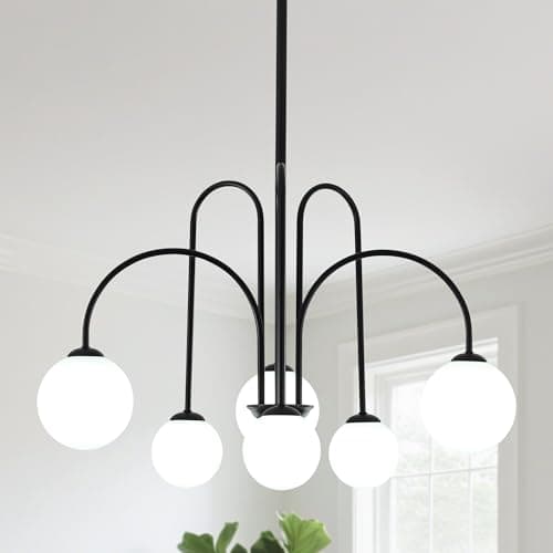 Image of MRHYSWD 6 Lights Modern Chandeliers Ceiling Light Living Room, Black Pendant Light with White Glass Shade, Globe Hanging Ceiling Lights for Kitchen Island Lights, Adjustable Height, Exclude G9 Bulbs