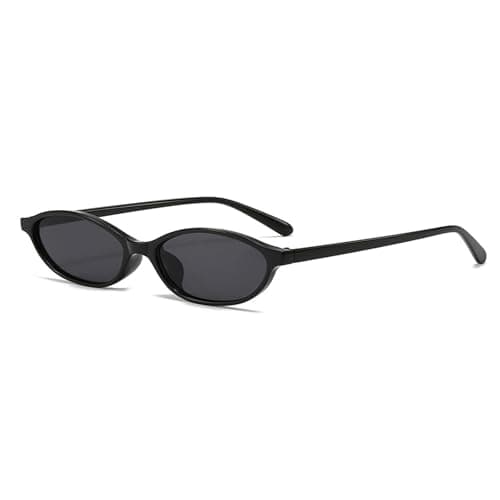 Image of LunarCharm Oval Sunglasses for Women, Retro, Cat Eye, 90s, Y2K, Trendy Thin Sunglasses, UV Protection for Women, Black Frame + Black Lens
