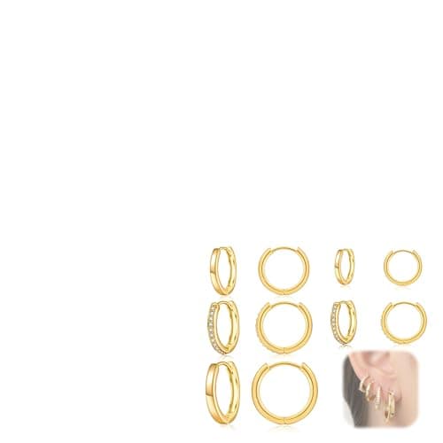 Image of Hypoallergenic Hoop Earrings, 5 Pairs 14K Gold Plated Stainless Steel Huggie Cartilage Sleepers Earrings for Women Men Small Lightweight Tiny Helix Conch Hoop Set for Multiple Piercing