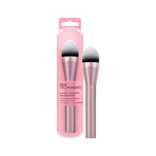 Image of Real Techniques Power Pigment Blush Makeup Brush, Cheek Brush For Liquid and Cream Blush, Dense, Synthetic Bristles, Unique Pointed Shape For Precise Application, Vegan and Cruelty Free, 1 Count