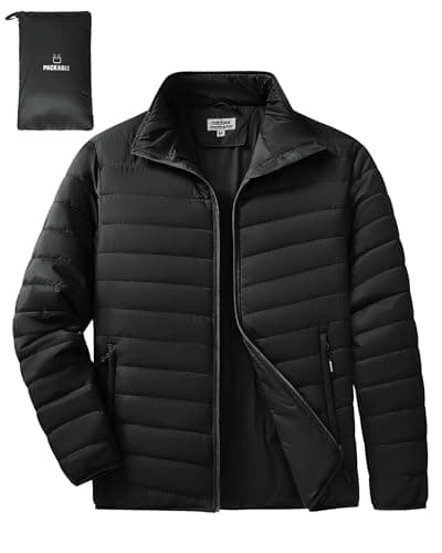 Image of Outdoor Ventures Men's Packable Puffer Jacket Insulated Lightweight Puffy Coat Warm Portable Padded Water Resistant Jacket for Hiking Travelling Camping Black 2XL