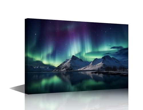 Image of TISHIRON Winter Landscape Wall Art 1 Piece Northern Lights Pictures Canvas Print Snow Capped Mountains Posters Artwork for Home Walls Framed Painting for Bedroom Office Decorations 18x12 in