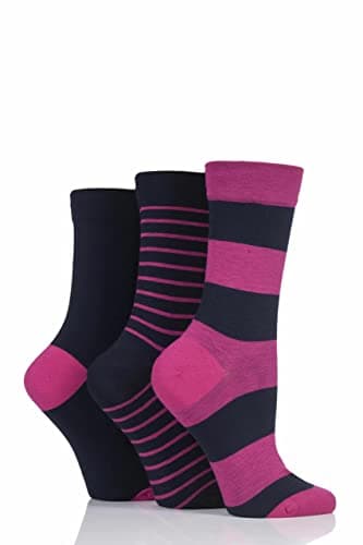 Image of SockShop Ladies Gentle Bamboo Socks with Smooth Toe Seams In Plains and Stripes Pack of 3 Navy/Orchid 4-8