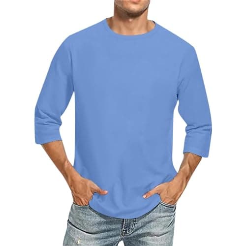 Image of T-Shirts for Men UK Crew Neck 3/4 Sleeve Shirt Classic Plain Basic Tee Shirt Mens Three Quarter Sleeve Baseball T-Shirt Soft Regular Fit Running Workout Casual Shirts Plus Size S-5XL Light Blue