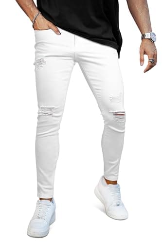 Image of GINGTTO Mens Stretch Jeans Slim Fit Ripped Trousers Super Skinny Jean for Men Destroyed Denim Pants White 36