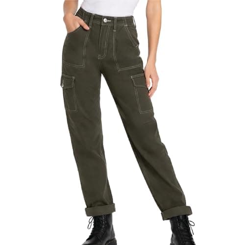 Image of Dickies Womens Cargo Pants - Skinny Fit High Rise Casual Carpenter Work Pants for Women with Cuffed Hem and Utility Pockets, Olive Green, 30