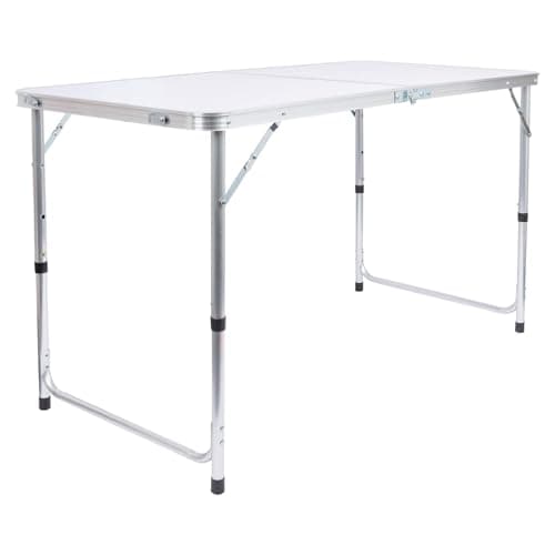 Image of Harbour Housewares 120cm (4ft) Height Adjustable Aluminium Folding Picnic Table - White - 1x 4-Seater Foldable Portable Outdoor Garden Patio Camping BBQ Dining Trestle Furniture