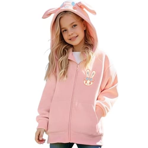 Image of Momkonzz Girls Zip Up Hoodies Kids Bunny Ear Hooded Sweatshirt Teen Girls Long Sleeve Jacket with Pockets Children Tops Clothes 5-6 Years Pink