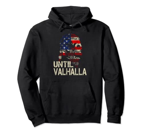 Image of Until Valhalla Skull Viking Odin Lover American Flag Pullover Hoodie