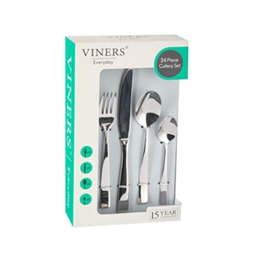 Image of Viners Everyday Purity Cutlery Set |18/0 Stainless Steel | Set of 24 Pieces | Silver Mirror Finish | Serves 6 | Dishwasher Safe | Gift Box