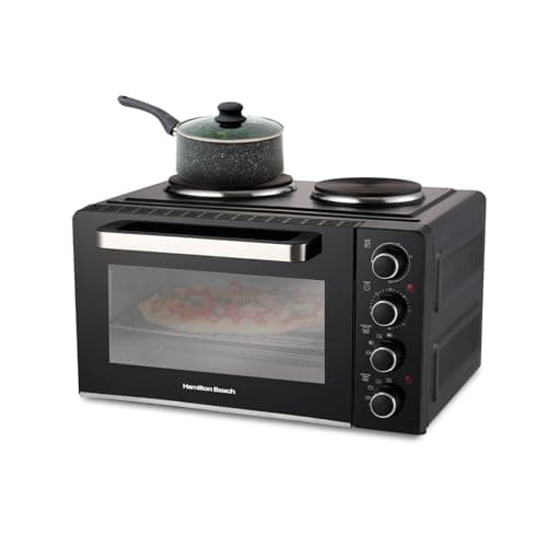 Image of Hamilton Beach Mini Oven, 28L, 3100W, Double Hotplates, Space Saving, Electric Countertop Cooker, Flexible Cooking, Adjustable Temperature Control, 60 Min Timer, Black - HB28HDB