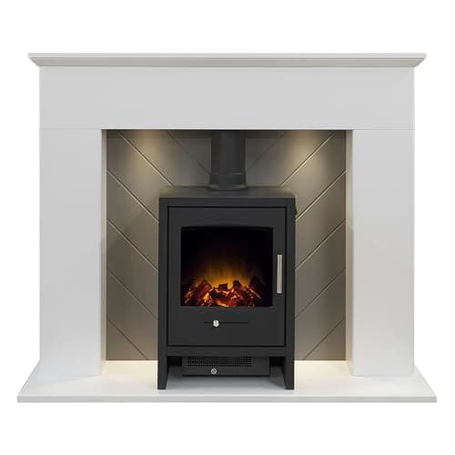 Image of Adam Corinth Stove Fireplace in Pure White& Grey with Downlights & Bergen Electric Stove in Charcoal Grey, 48 Inch