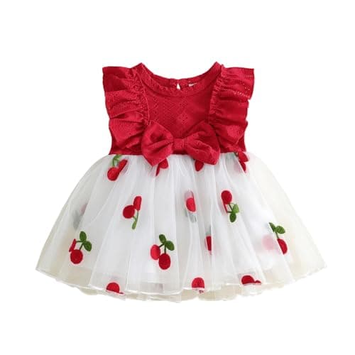 Image of XIXIMAON Newborn Summer Dress Floral Embroidered Bowknot Ruffle Sleeveless Tulle Tutu Dress Baby Girl Cherry Layered Dress Infant Birthday Party Dress (Red, 0-3 Months)
