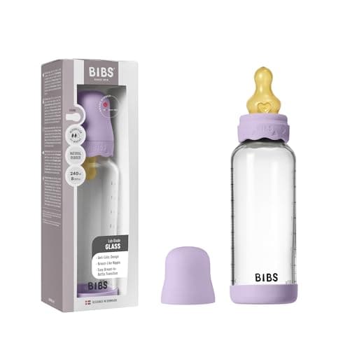 Image of BIBS Boheme Baby Glass Bottle 8 oz /240 ml. Anti-Colic. Round Natural Rubber Latex Nipple. Supports Natural Breastfeeding - Violet Sky