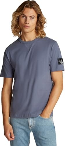 Image of Calvin Klein Men’s Short Sleeve Regular T-Shirt with Logo Badge, Blue (Grisaille), XS