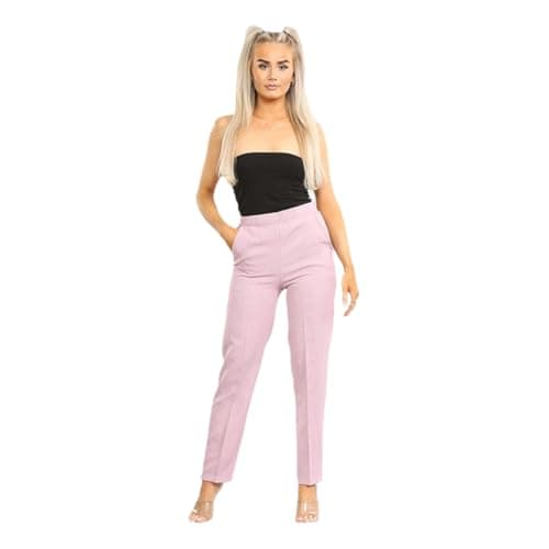 Image of Trousers for Women Smart Suit Pants Ladies Trousers Finely Stitched Stretchy Half Elasticated Waist Pull Up (Pink L25 W14)