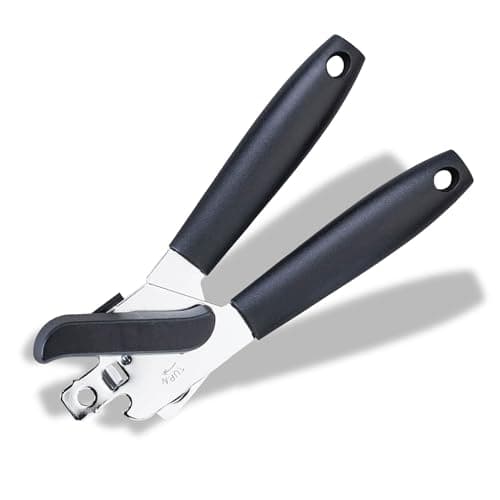Image of Fackelmann INITIAL Can Opener Stainless Steel, Plastic Handle, Food Safe Handheld Manual Tin Opener, Multifunctional with Bottle Cap Opener, Comfortable Handle, Sharp Cutting Blades, Black, 20cm