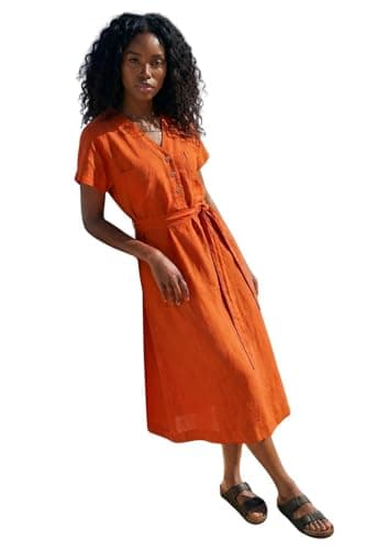 Image of Roman Originals Swing Tea Dress Women UK Ladies Skater Midi A Line Fit & Flare Summer Casual Smart Cocktail Party Going Out Work Cruise Button Through Long Pocket - Orange Linen - Size 16
