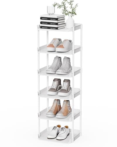 Image of Altdnmaf 6 tier Narrow Shoe Storage Rack, Compact Single Shoerack Stand for Slim Space, Stackable Tall Thin Show Tower, Solid Plastic Shelves, for Hallways, Kitchens, Bedrooms Tidy Organizer, White