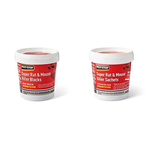 Image of Pest-Stop PSWB04 Super Rat and Mouse Killer Wax Blocks,15 x 20g & PSSA05 Super Rat & Mouse Killer Sachets - Baits for Mouse Rat - Mice Killer - Rat Control for Home, Office, Garden - Red, (6 x 25g)