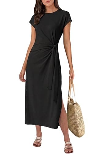 Image of GRECERELLE Women's Summer Midi Dress with Tie Waist Casual Short Sleeve A-Line Flowy Dresses for Women UK (Black, XL)