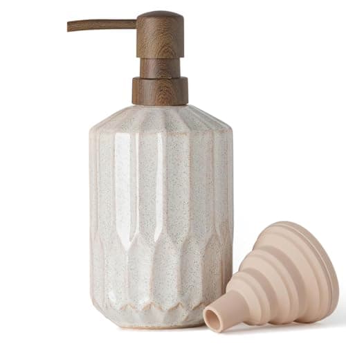Image of Soap Dispenser, 450ml/16 oz Ceramic Pump Bottle Luxurious Refillable Liquid Hand Wash Soap Dispenser for Bathroom, Countertop, Kitchen, Laundry Room, Silicone Funnel (Wooden Color Plastic Pump)
