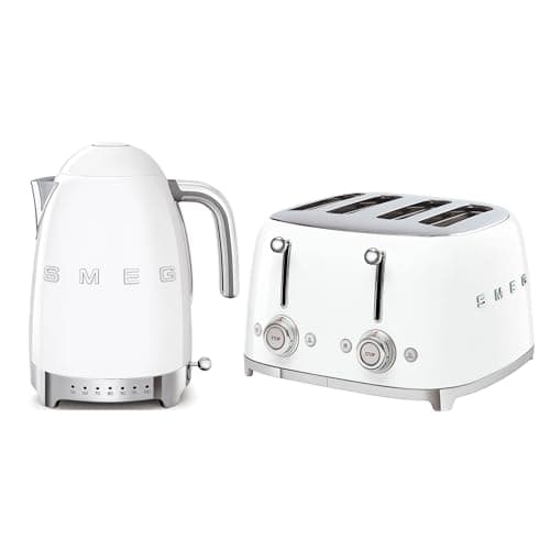 Image of Smeg KLF04WHUK Jug Kettle with Acoustic Alarm, 3KW, 1.7L & Smeg TSF03WHUK 4 Slice Toaster, Extra Wide Slots, White