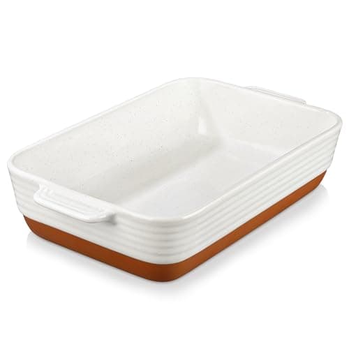 Image of MALACASA 4.5L Ceramic Baking Dish with Handles, 9 x 13 Inches Casserole Dishes, Deep Rectangular Oven Dish, Khaki White Lasagna Pan Bakeware for Roasting, Series TARA