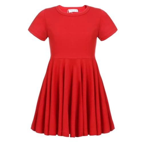 Image of trudge Girls Summer Swing Dress A-line Short-Sleeved Cotton Solid Color Princess T-Shirt Dresses Basic Fattern Skater Dress 8-9 Years Red