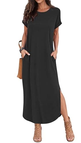 Image of PLOKNRD Summer Maxi Dresses for Women UK with Pockets Round Neck Casual Short Sleeve Beach Split Coverup Long Dress Loose Black XL