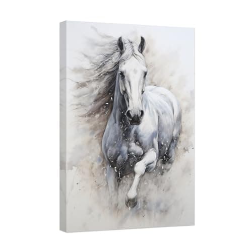 Image of CCWACPP Canvas Wall Art - White Horse Running Painting, Watercolor Western Animal Portrait, Office & Home Decor (40.00 x 60.00 cms)