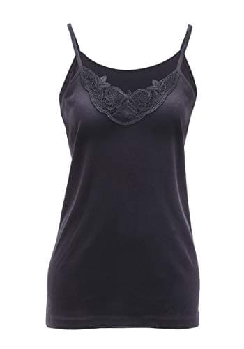 Image of Maria Angel Ladies Plain Camisole Cotton Vest Top Lace Trim Neck Design Cami Tank Strappy (1000) (XLarge 16-18, Black)