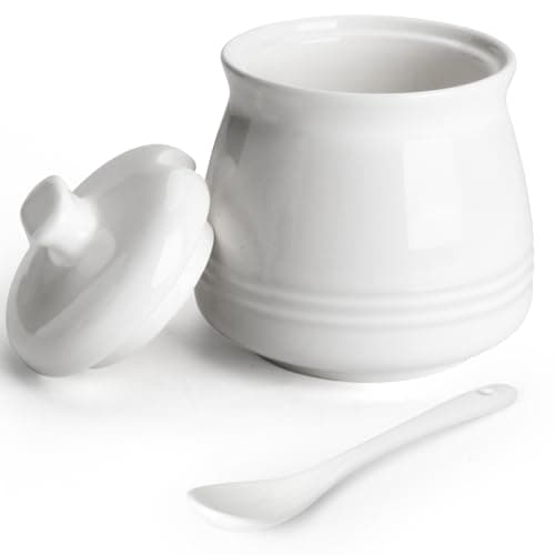 Image of Cyimi Porcelain Sugar Bowl with Lid and Spoon, Sugar Bowl White Sugar Jar Ceramic Sugar Pot Container for Kitchen and Home, 12 oz/ 355 ml