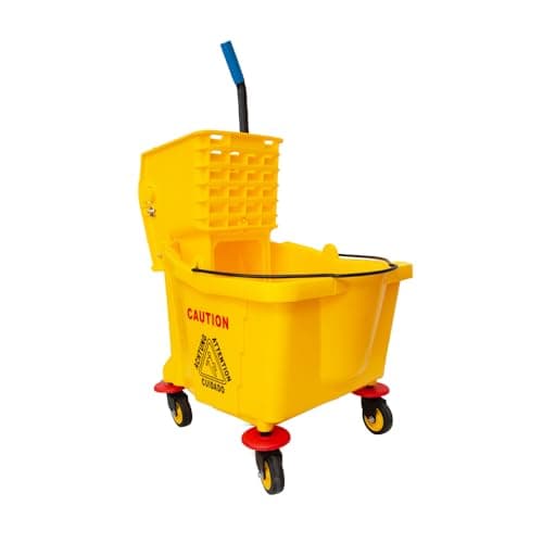 Image of Berry Compact Commercial Mop Bucket with Wet Floor Sign | Kentucky Mop Bucket on Wheels – 36L | Yellow Cleaning Trolley with Removable Wringer and Caster Wheels for Restaurants, Schools, Offices