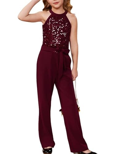 Image of GRACE KARIN Kids Girls Shiny Sequins Bodysuit Cute One Piece Jumpsuit Round Neck Sleeveless Suit with Pockets Playsuit Outfits Wine Red 6-7 Years