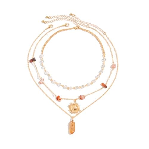 Image of GHKJOK Three-Layered Gold-Toned Crystal Sun Necklace with Bohemian Design - Adjustable Length Chunky Vintage Layered Charm Necklace Pendant for Women, in Jewellery Box