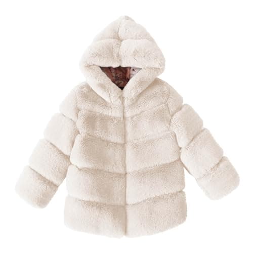 Image of AMhomely Girls Faux Fur Coat-Hooded Fluffy Cardigan Kids-Shaggy Short Coat,Artificial Fur,Solid,Thick,Overcoat,Parka,Winter Fuzzy Jackets for Children 3-14 Years Outdoor A White 5-6 Years