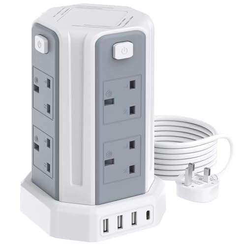 Image of Tower Extension Lead (13A 3250W) 4 USB Ports and 8 Way Extension Tower, Surge Protection Extension Lead with 4 Independent Control Switch, Extension Cable 2M for Home, Office, Kitchen